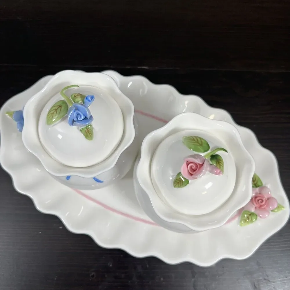 VintageVictorian‎ Capodimonte Blue/pink Rose Hankook Bone China Sugar Bowls Tray